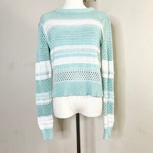 Margaret O'Leary Sweater Striped Blue White Crochet Open Knit Cotton Size XS